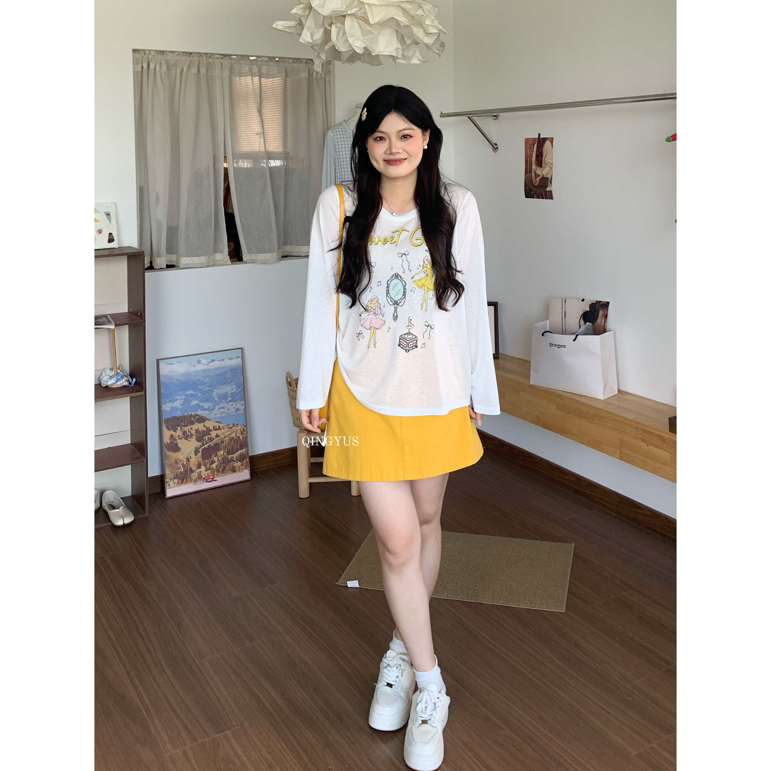 青屿衫-微胖夏季大码韩系甜美风卡通印花抽褶显瘦防晒罩衫长袖T恤