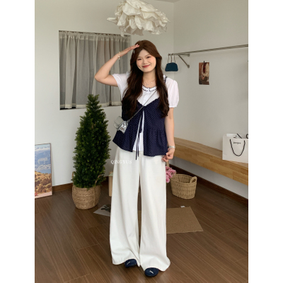 青屿衫-微胖夏季大码韩系甜美减龄木耳边波点吊带气质衬衫两件套
