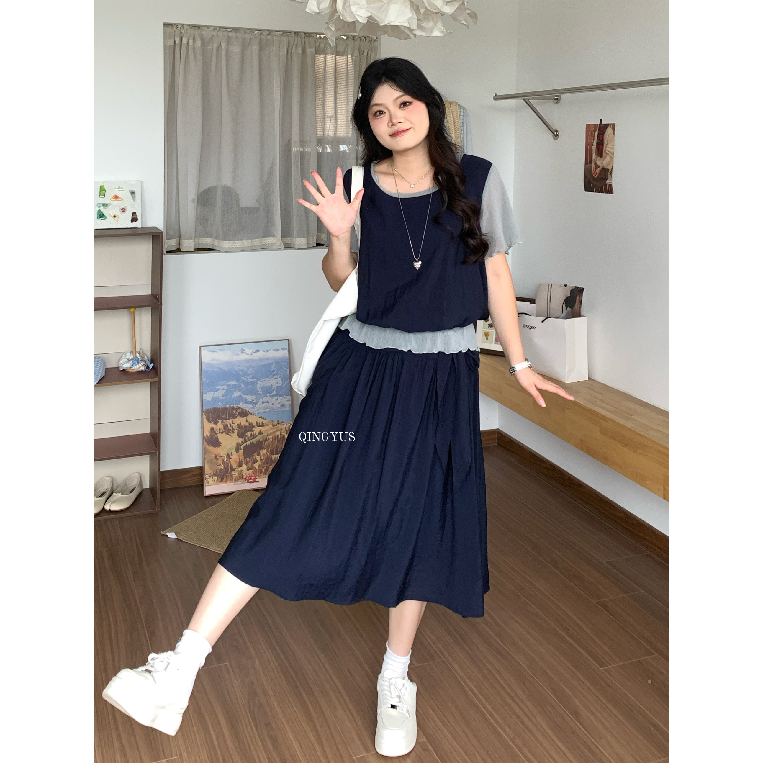 青屿衫-微胖夏季大码韩系温柔甜美风设计感假两件上衣半身裙套装
