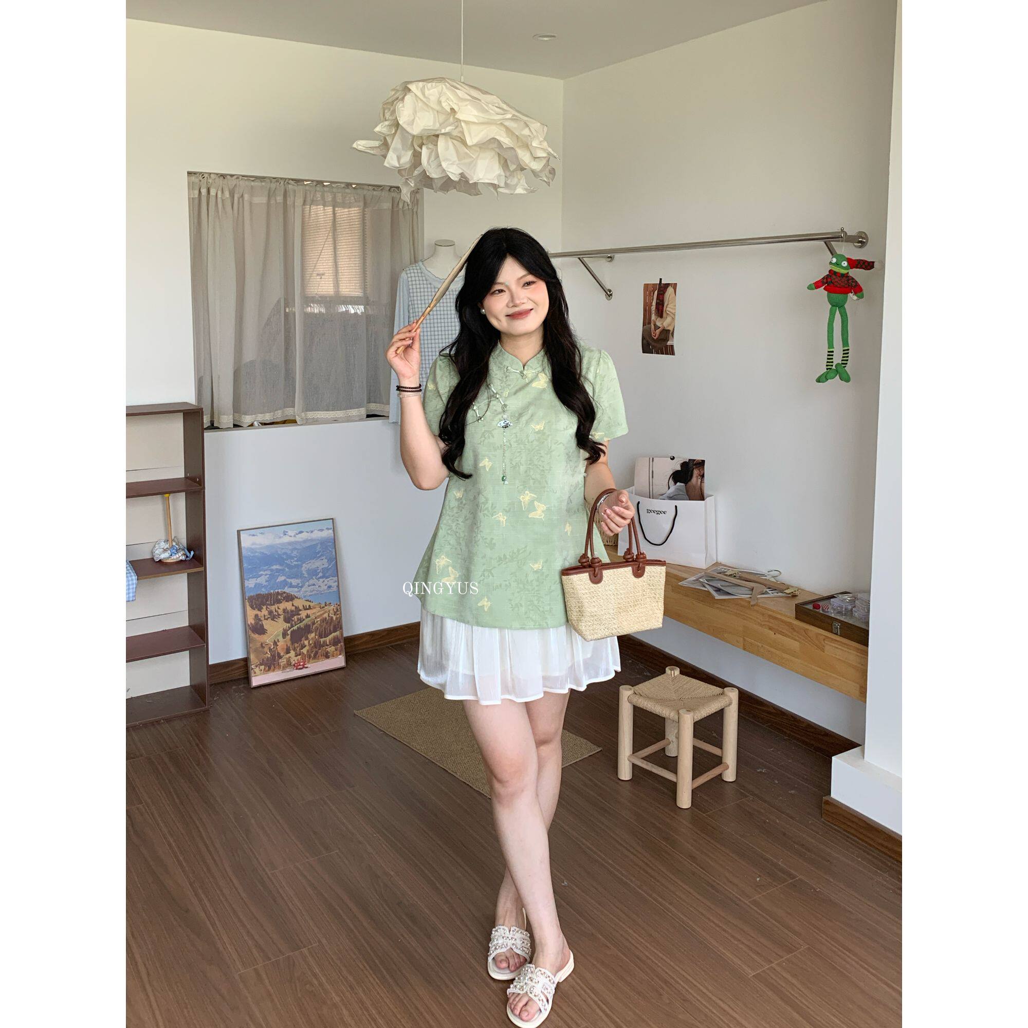 青屿衫-微胖夏季大码新中式国风气质立领盘扣修身显瘦短袖衬衫女