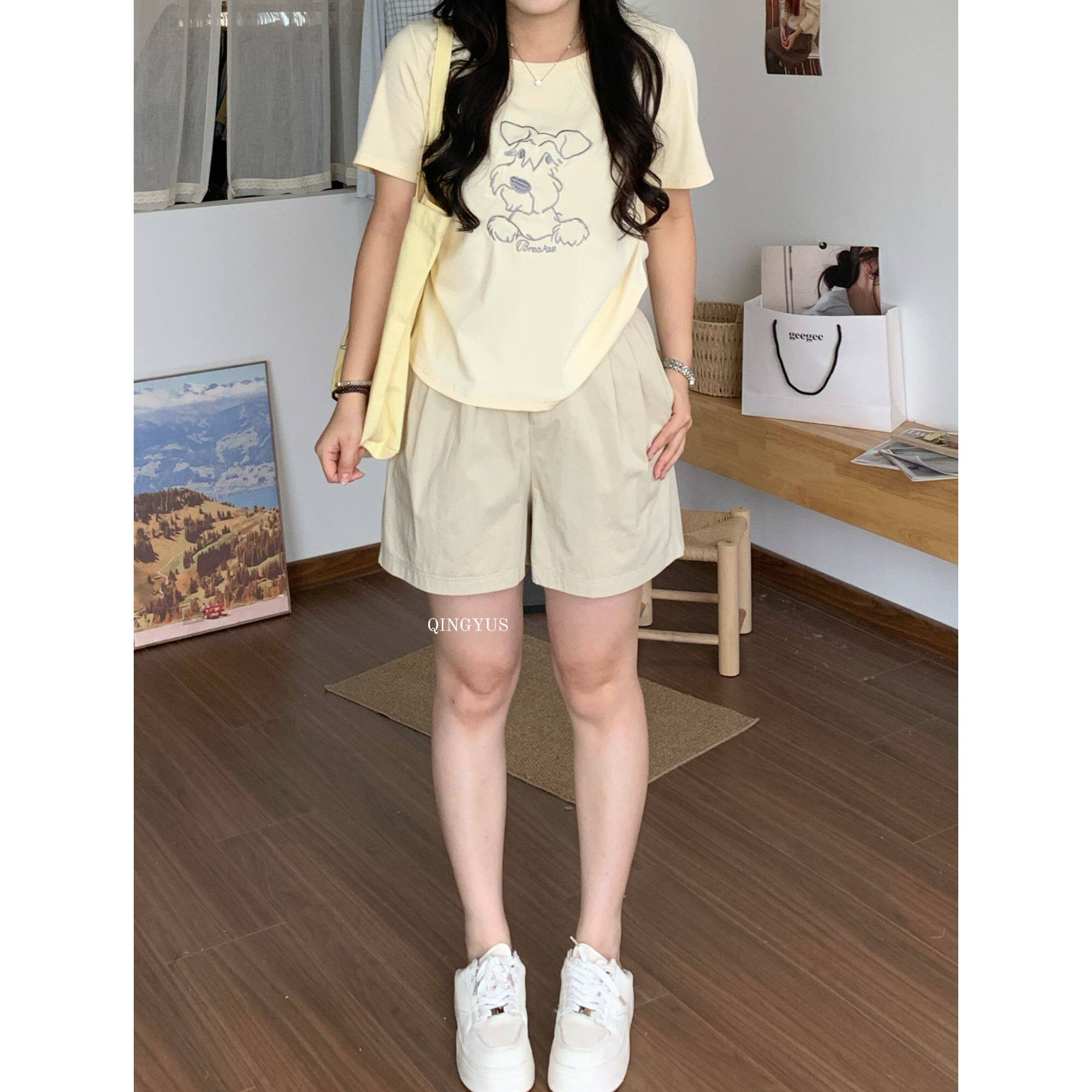 青屿衫-微胖夏季大码韩系休闲百搭高腰显瘦松紧腰A字阔腿五分短裤