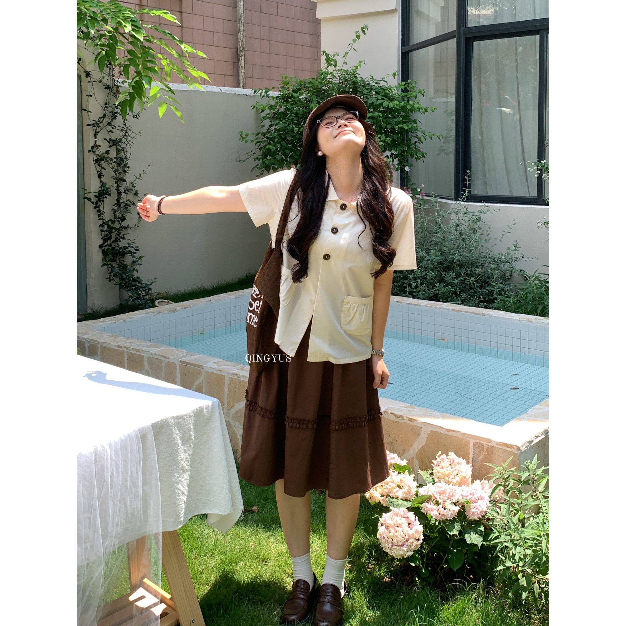 青屿衫「白茶初恋」微胖夏季大码甜美日系减龄娃娃领正肩短袖衬衫