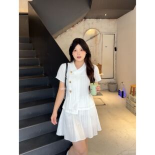 青屿衫「白月庄园」微胖大码韩系学院风翻领提花衬衫半身裙套装