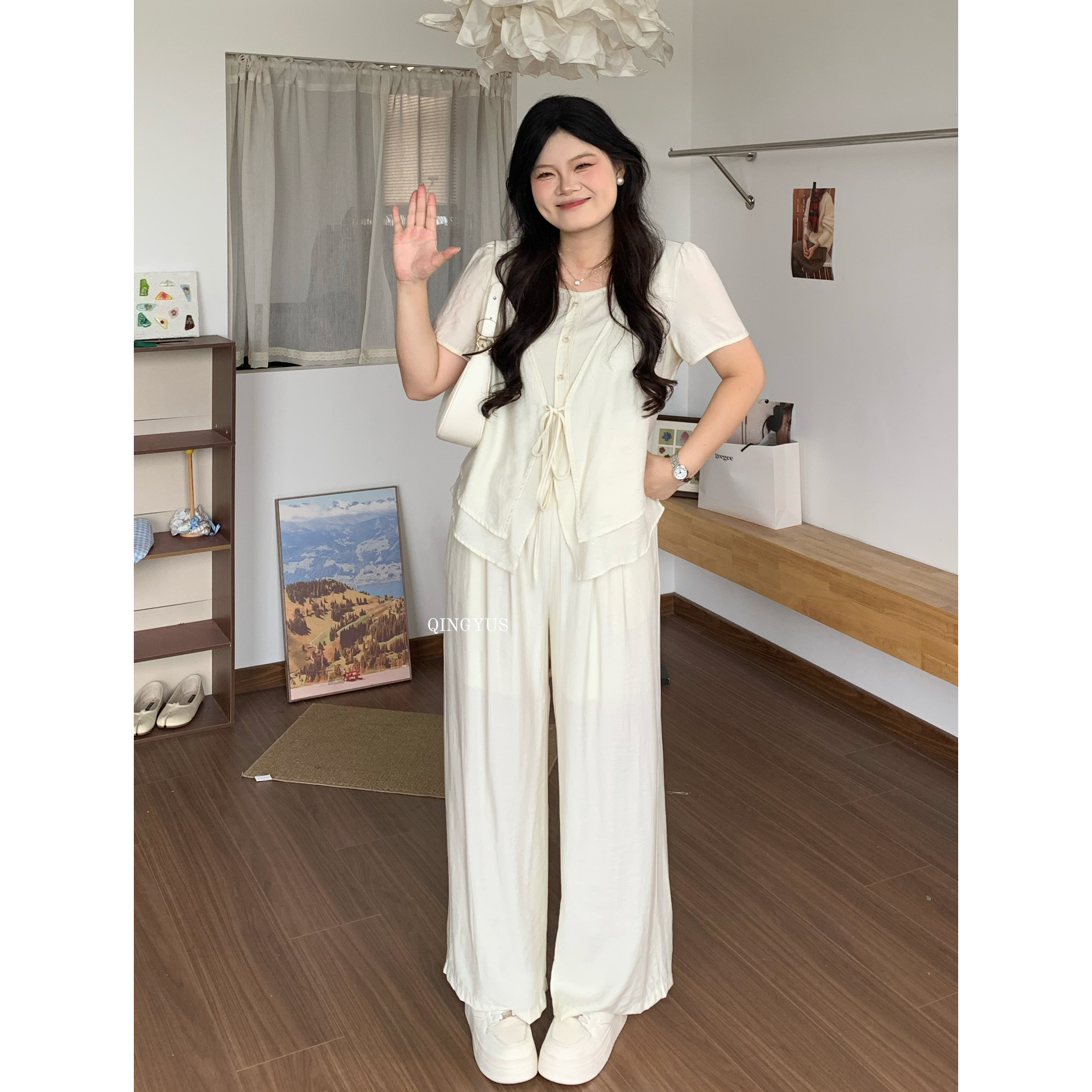 青屿衫-微胖夏季大码韩系高级感气质撞色假两件衬衫阔腿裤两件套