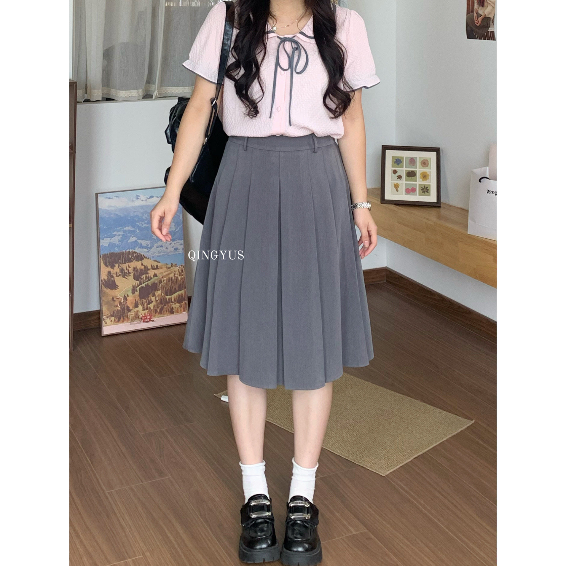 青屿衫-微胖显瘦韩系百搭学院风百褶裙高腰A字中裙子夏季大码女装