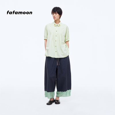 【2026早秋新品】fafamoon设计师品牌 橡筋腰撞色拼接刺绣九分裤