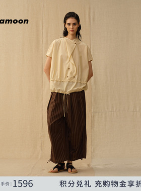 【2026春季新品】fafamoon设计师品牌 棕色条纹棉麻直筒九分裤