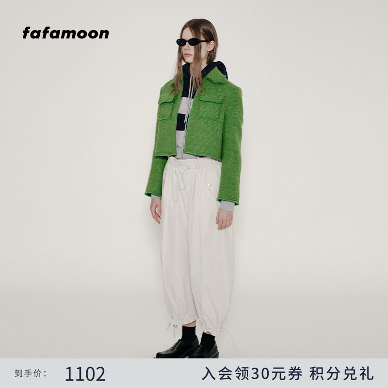 【fafamoon设计师品牌】冬季时尚大口袋拉链式短款羊毛夹克外套女