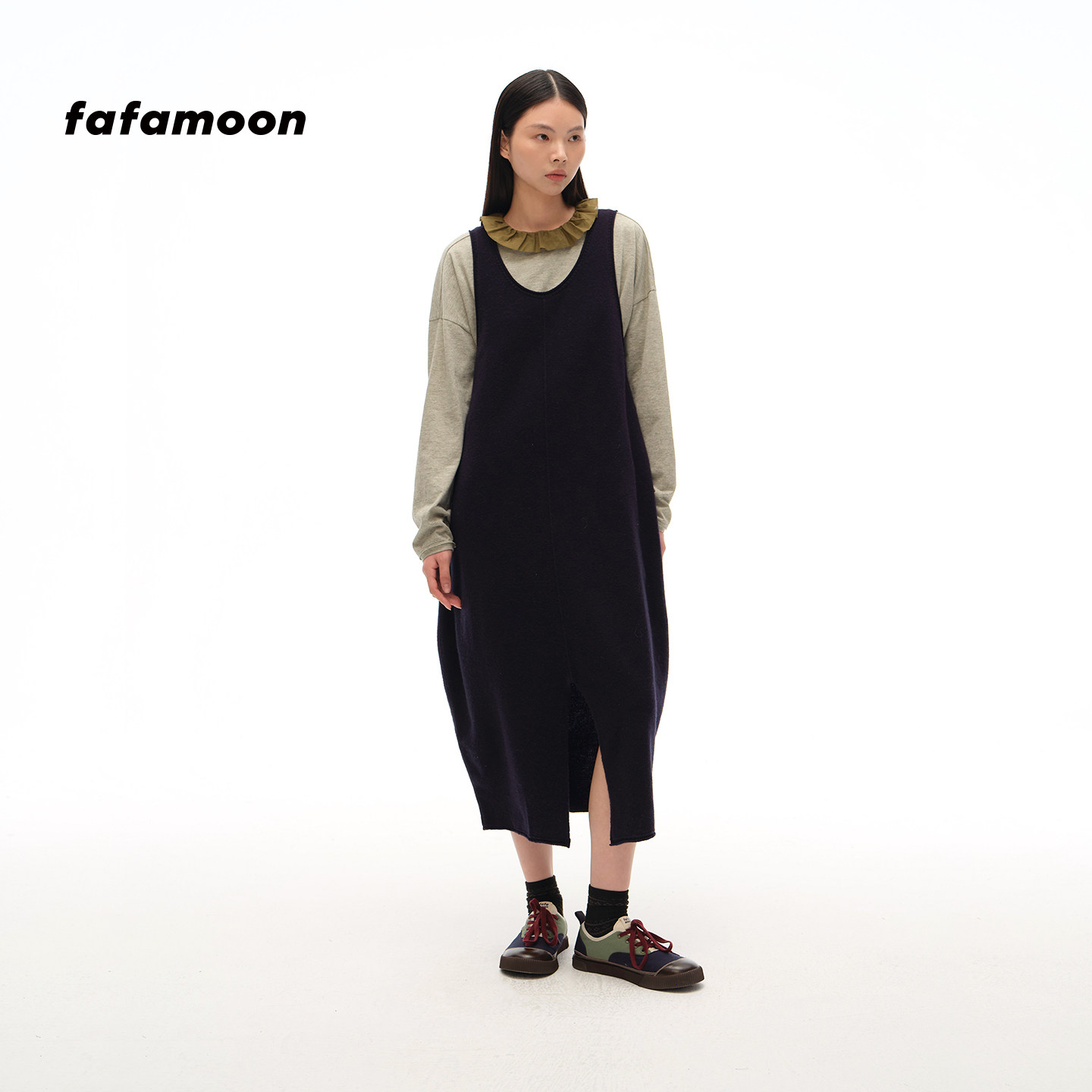 fafamoon设计师品牌秋冬女士无袖前开衩针织背心连衣裙