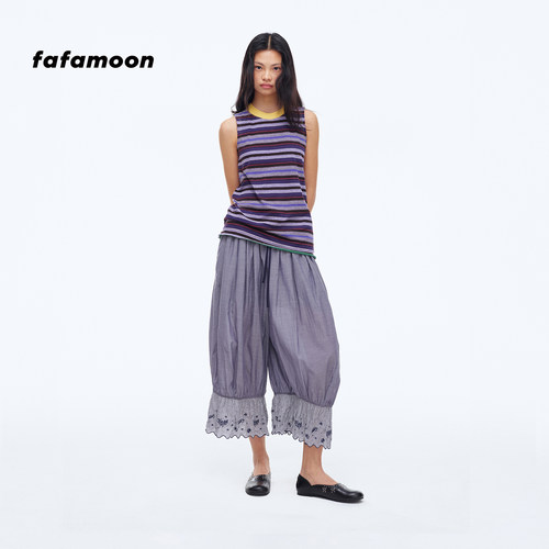 【2026早秋新品】fafamoon设计师品牌 刺绣拼接花边七分裤