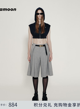 【fafamoon设计师品牌】叠褶A字羊毛复古窄腰头六分西裤(带皮带)