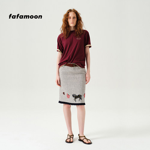 fafamoon设计师品牌夏季女士双层领合体logo刺绣短袖T恤