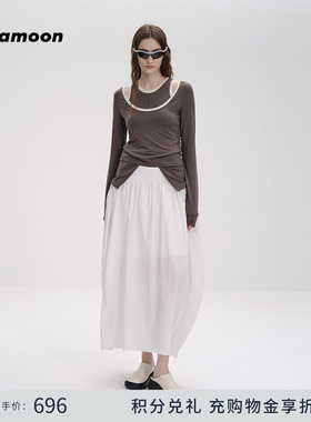 fafamoon设计师品牌 时尚宽腰头抽褶灯笼裙半身裙裙子白色短裙