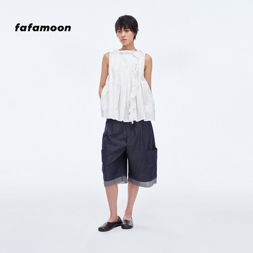 【2026早秋新品】fafamoon设计师品牌 荷叶边飘带百褶无袖上衣
