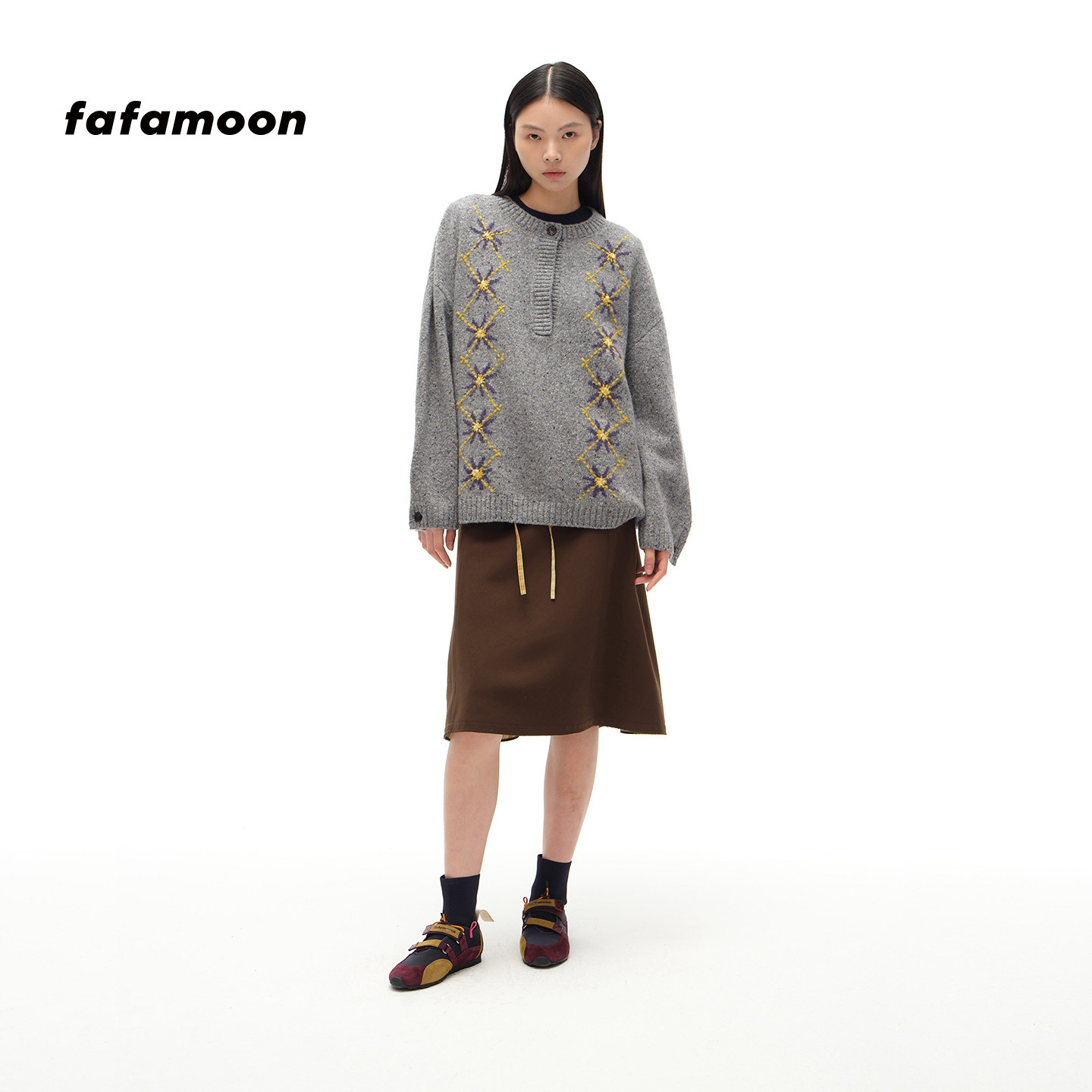 【博主同款】fafamoon设计师品牌秋冬半开襟圆领嵌花保暖毛衣女