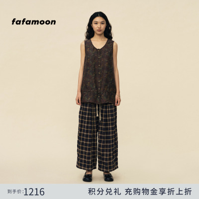 【2026夏季新品】fafamoon设计师品牌 抽绳印花真丝开襟背心