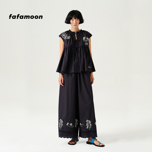 fafamoon设计师品牌夏季蕾丝花边拼接棉质长裤刺绣直筒裤