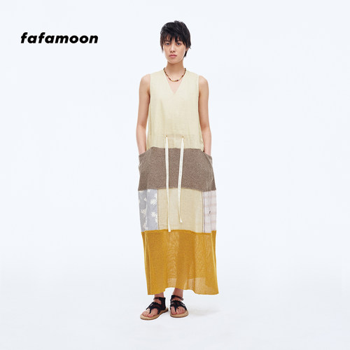 【2026早秋新品】fafamoon设计师品牌真丝亚麻刺绣拼接无袖长裙