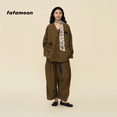 【2026春季新品】fafamoon设计师品牌 缝线装饰抽绳亚麻V领外套
