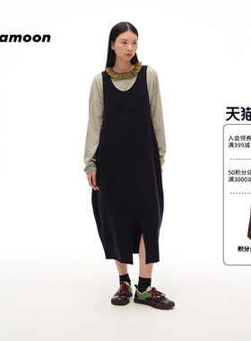 fafamoon设计师品牌秋冬女士无袖前开衩针织背心连衣裙