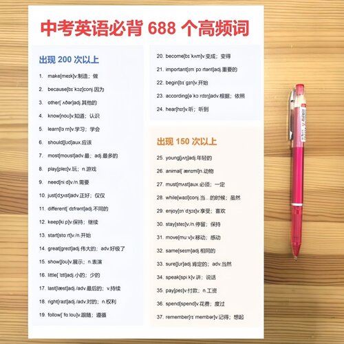 中考英语688个高频词短语初中必考背单词记忆中考学习笔记本彩印