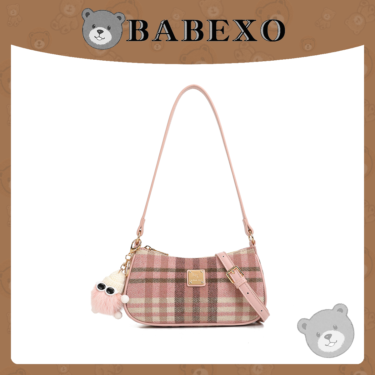 【刘叮当甄选】BABEXO/轻奢时尚时尚法包单肩斜挎包9050格子粉