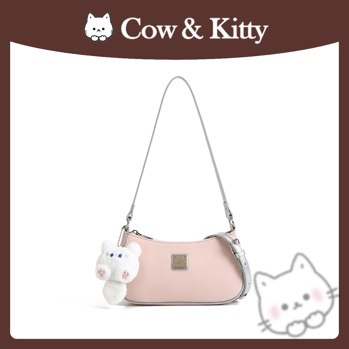 CowKitty/粉色潮流时尚法棍包单肩斜挎包8062灰粉