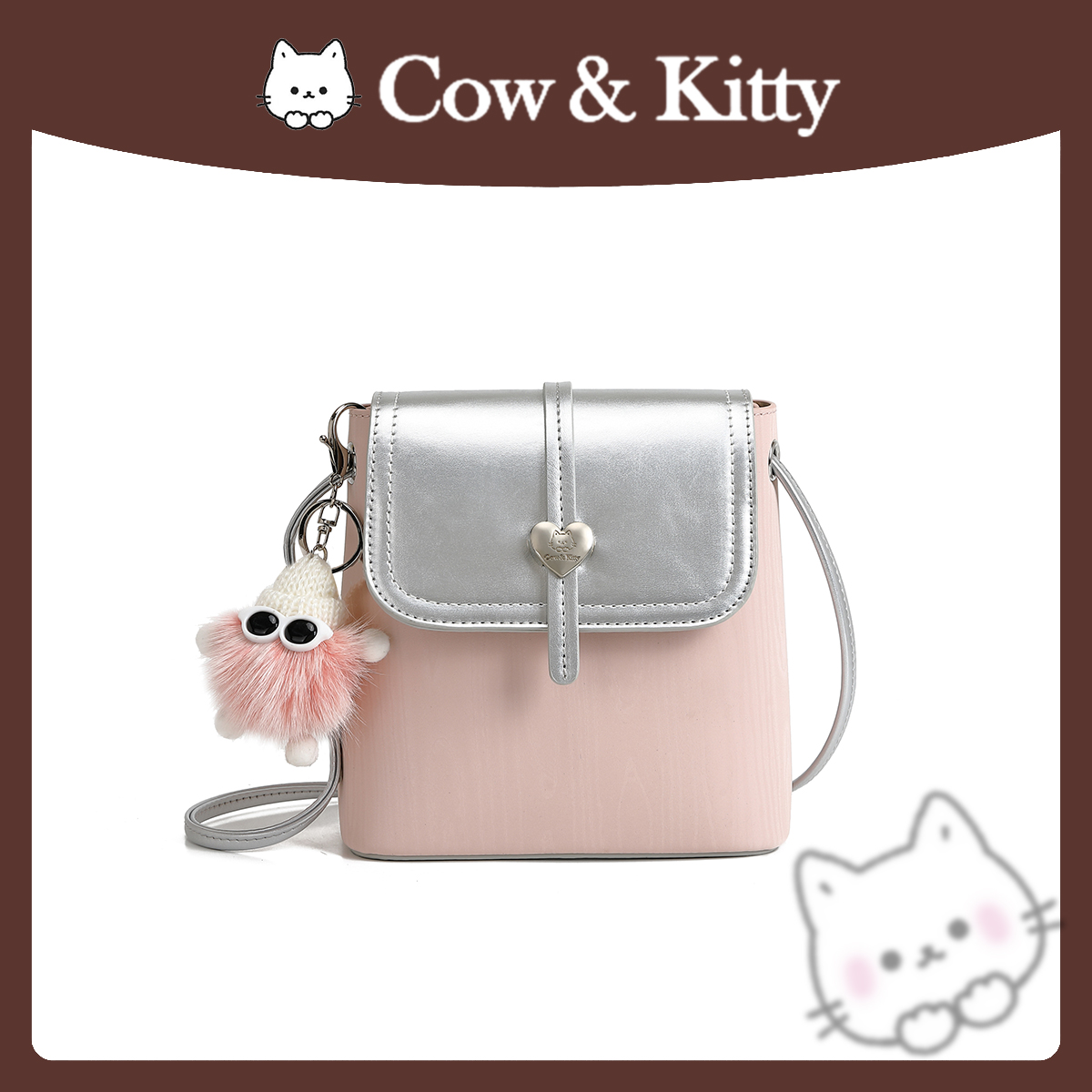 Cow&Kitty粉色潮流通勤布偶桶包单肩斜挎8002灰粉