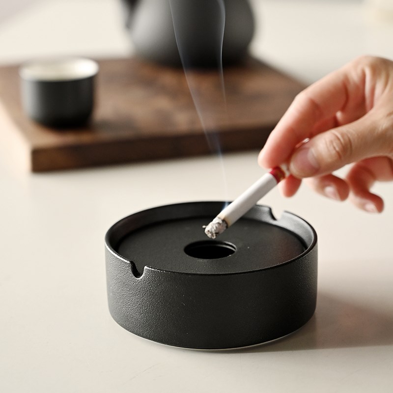 清一丨黑陶瓷烟灰缸 办公室小号防风防飞灰烟灰缸送父亲男士礼品
