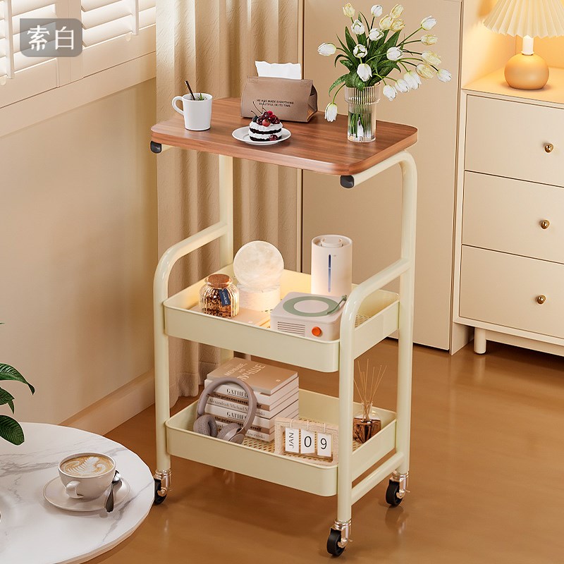 奶油风小推车置物架客厅移动沙发边高茶几桌子小型带轮零食床头柜