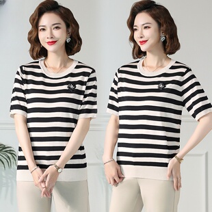 妈妈装冰丝条纹短袖上衣女款中老年女装宽松大码中年夏装新款套装