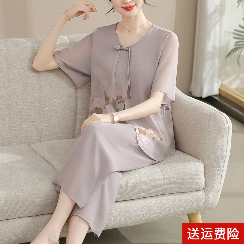 新中式妈妈夏季雪纺套装中老年妇女洋气上衣服中年人夏季短袖T恤