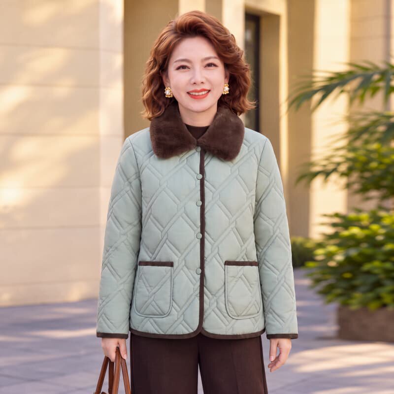 秋冬新款百搭中老年女装保暖棉衣外套时尚休闲妈妈装简约纯色棉服