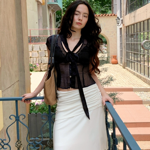 法式 color夏季 优雅蓝色扎染暗条纹飘带上衣 rich