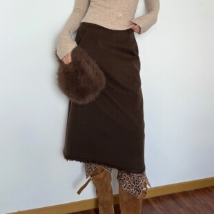 rich in color 复古棕波点毛边半裙 小众高级感秋冬包臀中长裙