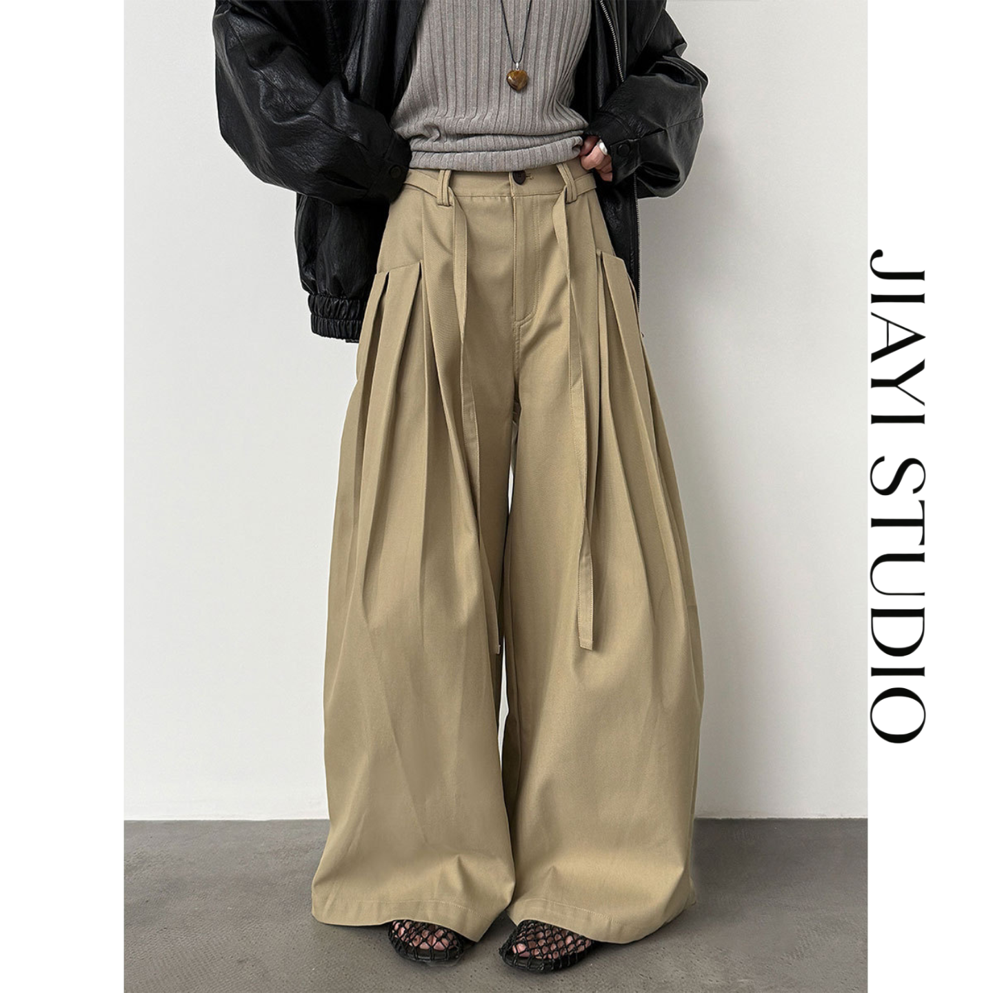 JIAYI STUDIO韩系设计感腰部系带阔腿裤新款收褶百搭休闲裤阔腿裤