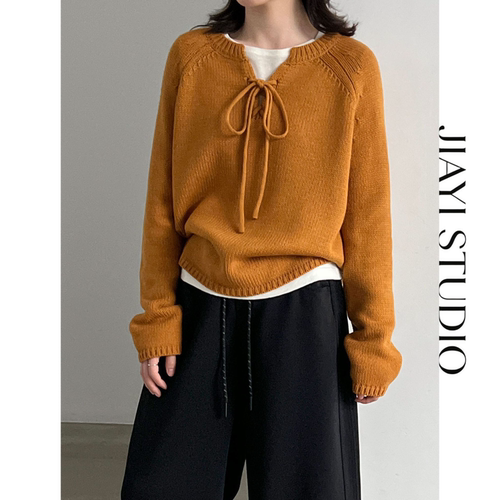 JIAYI STUDIO软糯百搭毛衣女秋季新款宽松系带针织衫套头毛衣上衣