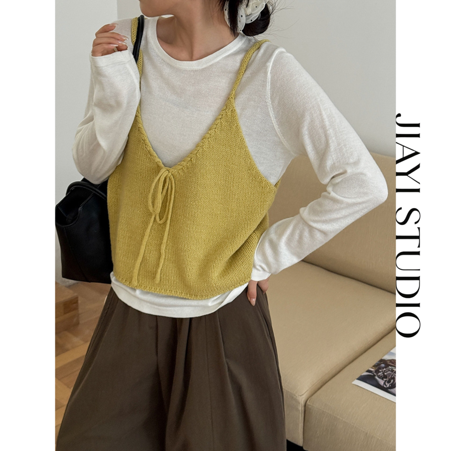 JIAYI STUDIO韩系V领抽绳针织吊带马甲女早秋叠穿短款外搭背心