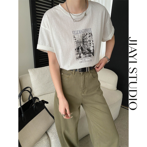 JIAYI STUDIO美式腔调做旧印花T恤宽松休闲显瘦短袖T恤女