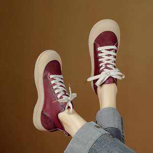 大材小靴 真牛皮厚底高帮加绒板鞋靴显瘦舒服软文艺风系带女鞋靴