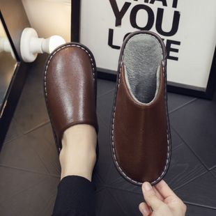 纯色牛皮秋冬季家用保暖棉拖鞋男女室内缝制底防滑防水真皮家居鞋
