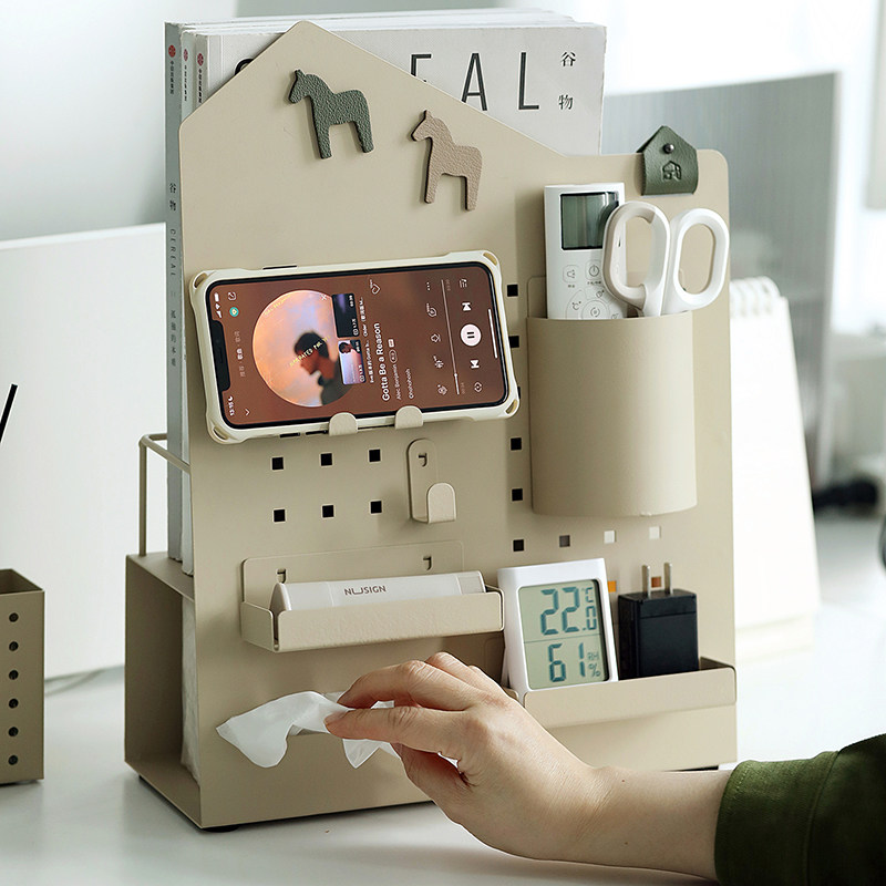 办公室洞洞板收i纳层架奶茶色多功能桌面展示架复古玄关金属置物