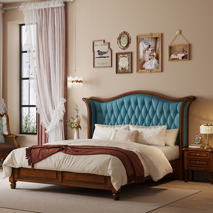 美式轻奢实木床高端复古软包双人床简约奢华储物婚床1.8m主卧大床