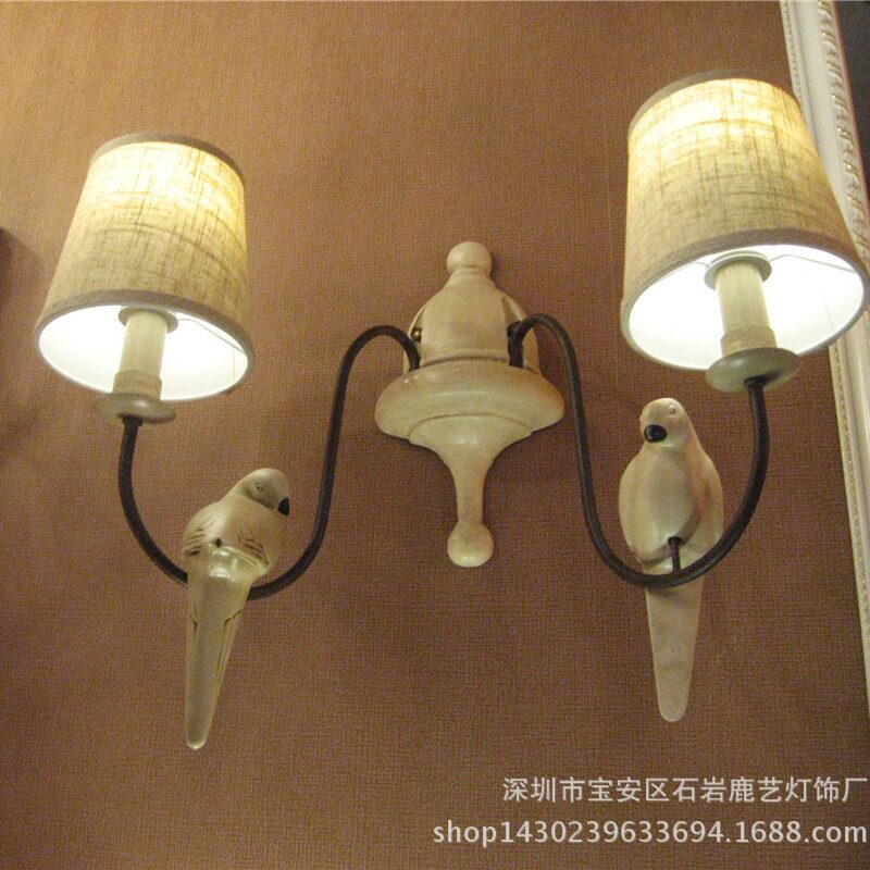 美式乡村布艺工程卧室灯小鸟铁艺灯双头床头灯镜前灯灯具壁灯批发