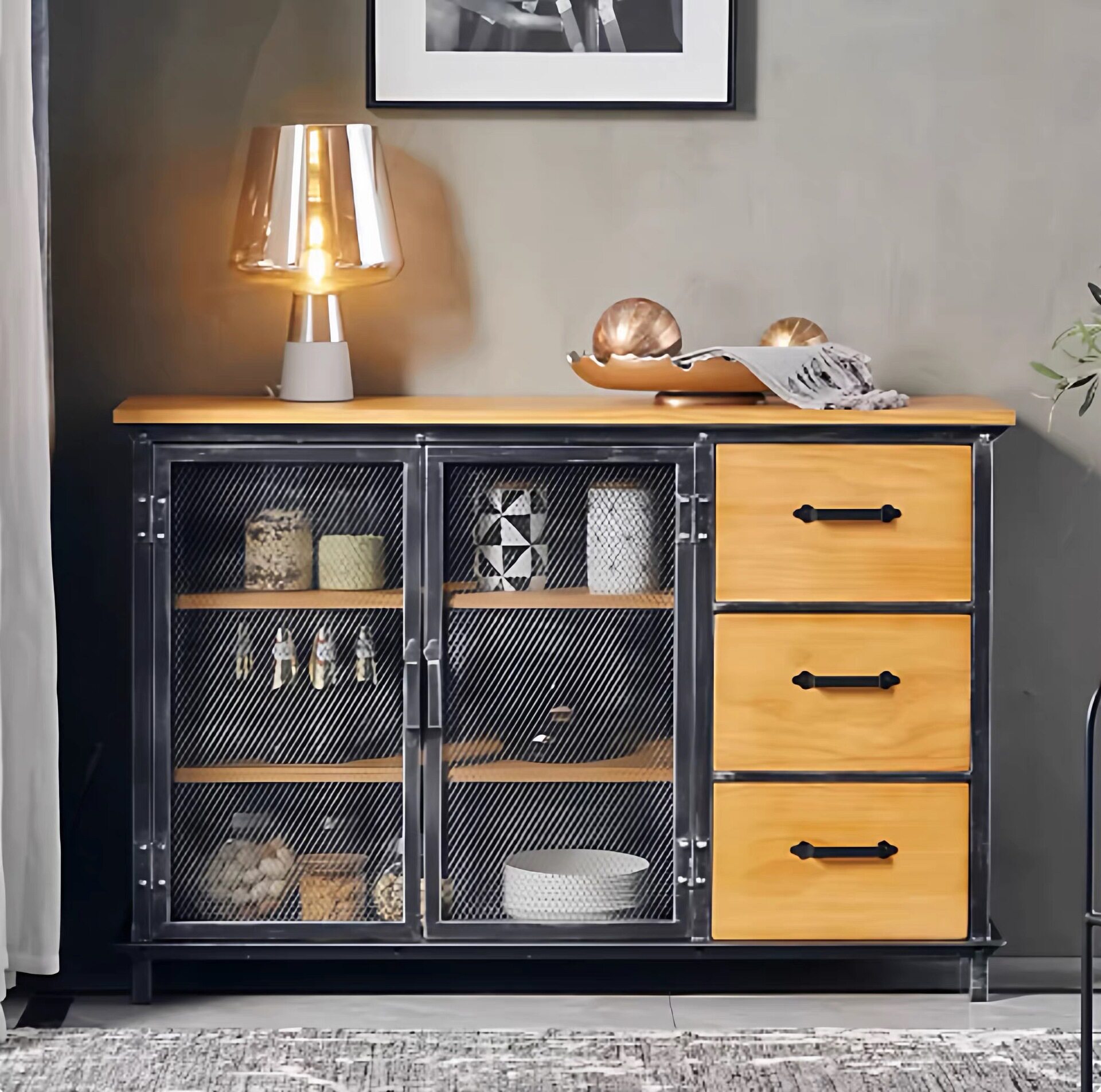 美式工业风铁艺实木餐边柜