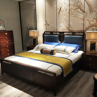 新中式全实木床轻奢现代软包1.8米双人主卧婚床高档乌金木家具