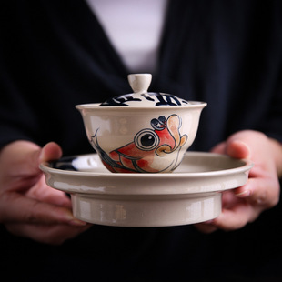 创意手绘龙鱼盖碗三才盖碗小号家用中式 复古泡茶碗高档草木灰茶具