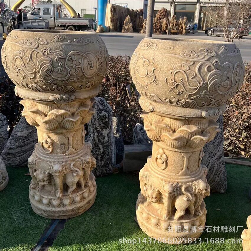 汉白玉复古手工雕刻花盆摆件