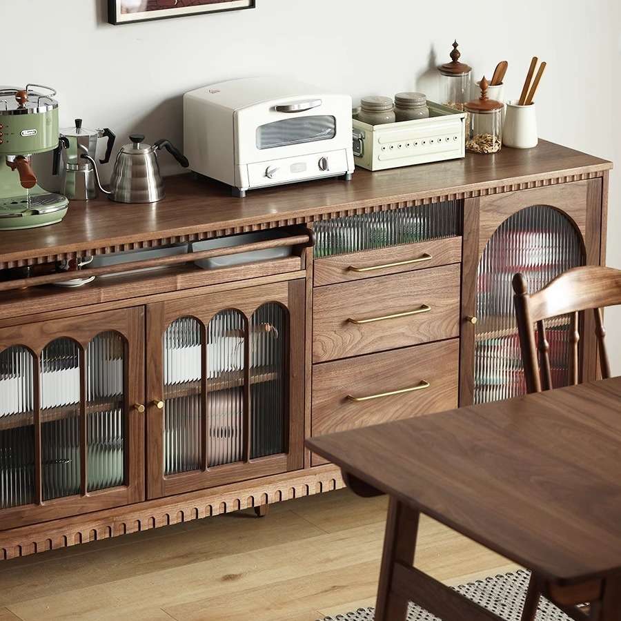 北美黑胡桃木餐边柜复古风樱桃木全实木靠墙储物收纳柜北欧玻璃柜