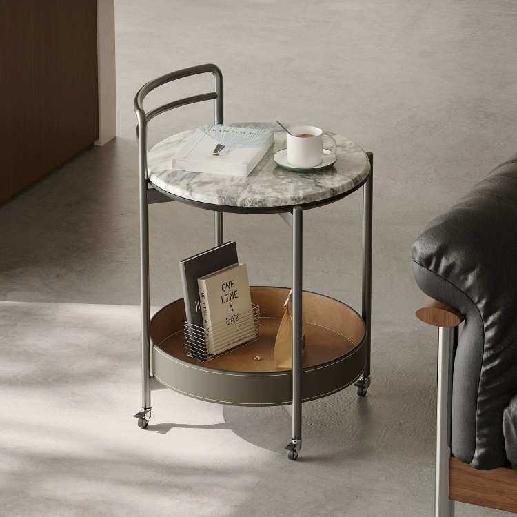 高端微晶石边几创意马鞍皮沙发角几小推车边桌可移动客厅家用茶几